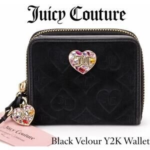 Vintage Juicy Couture Black Velour Embossed Wallet Heart Charm Y2K Wristlet NWT